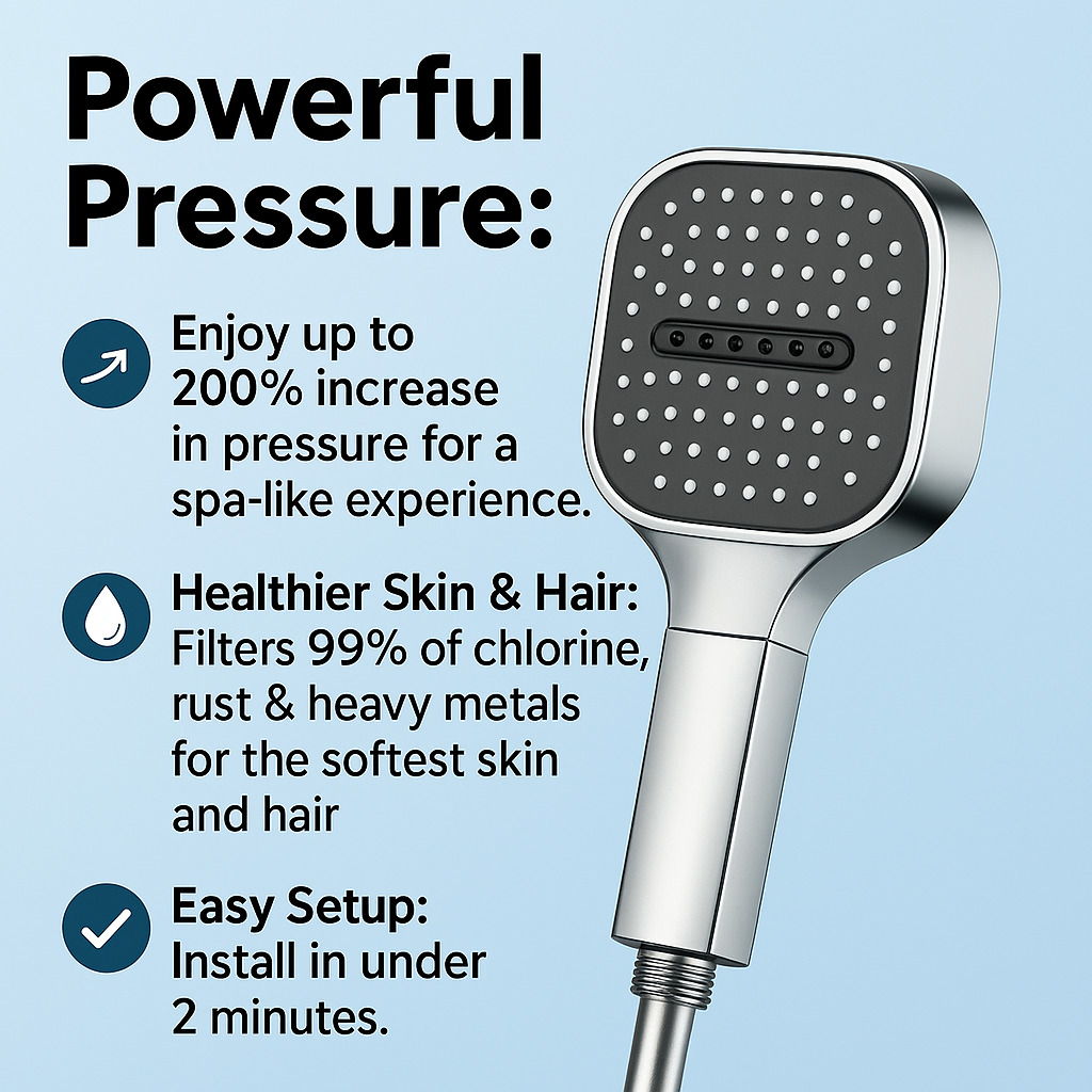 Pomme de douche Turbo Boost à haute pression avec filtre à eau – Jets réglables pour un confort de douche revitalisant | Sulvida
